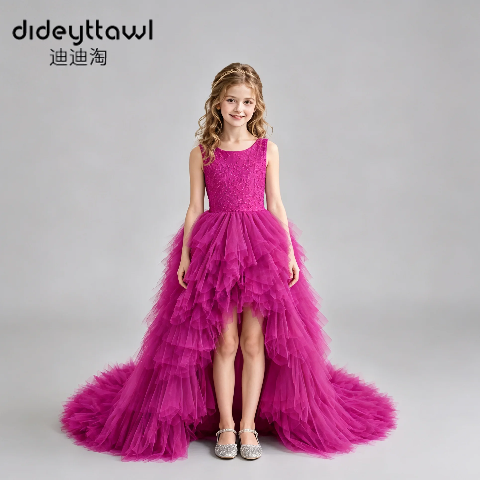 Dideyttawl Sleeveless Beaded Bodice High Low Tulle Flower Girl Dress Tiered Ruffles Long Train Multi Colors Wedding Party Gown