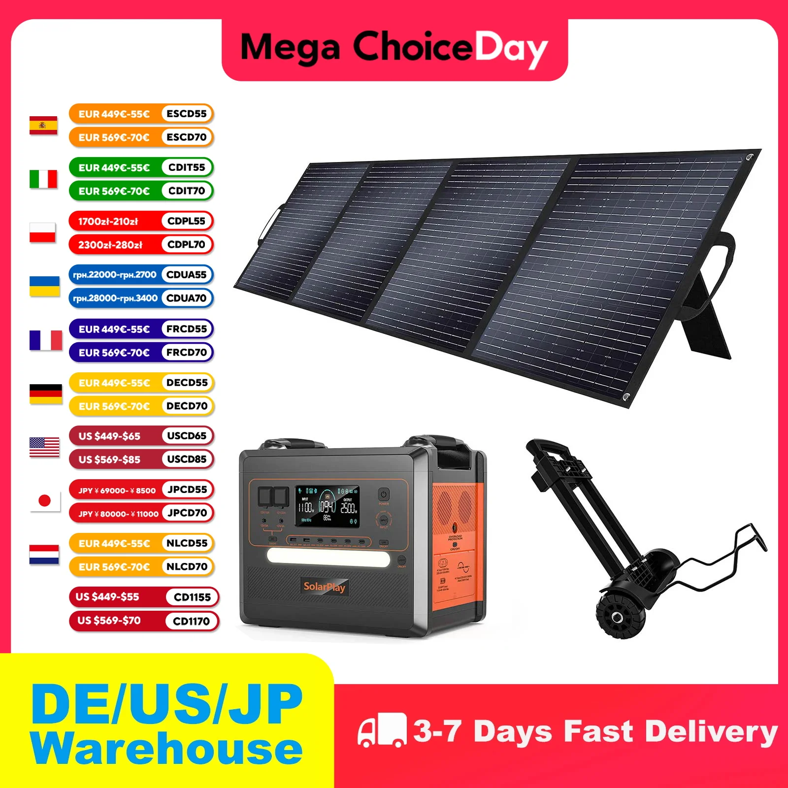 

SOLARPLAY Power Station Portable Q2402M Electric Generator Lifepo4 Batteries Solar Charger Photovoltaic Panel wiht Hand Trolley