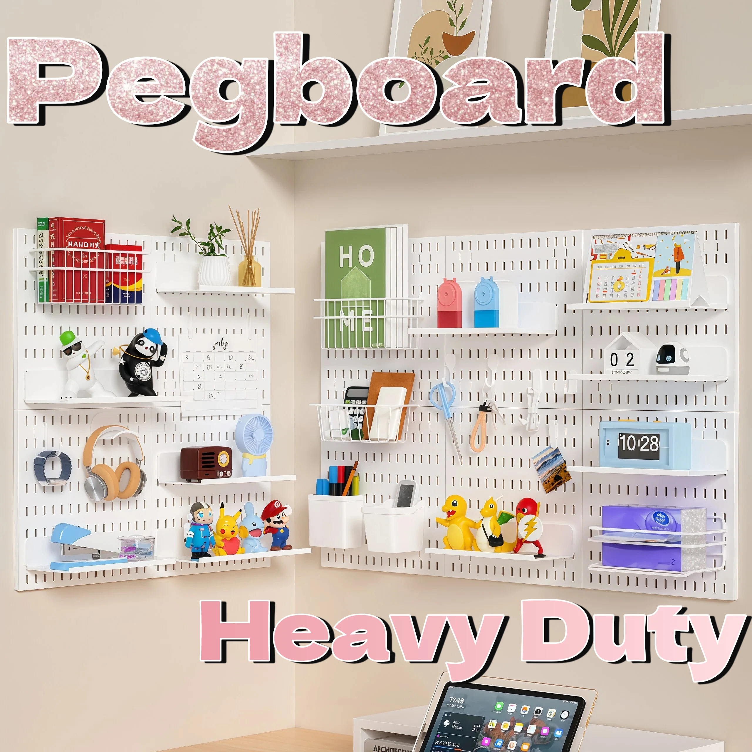 Minimalist Living Room Pegboard Wall Organizer, PP Hole Board with Hooks for Remote Keys Books Small Decor Display, 2 Colors