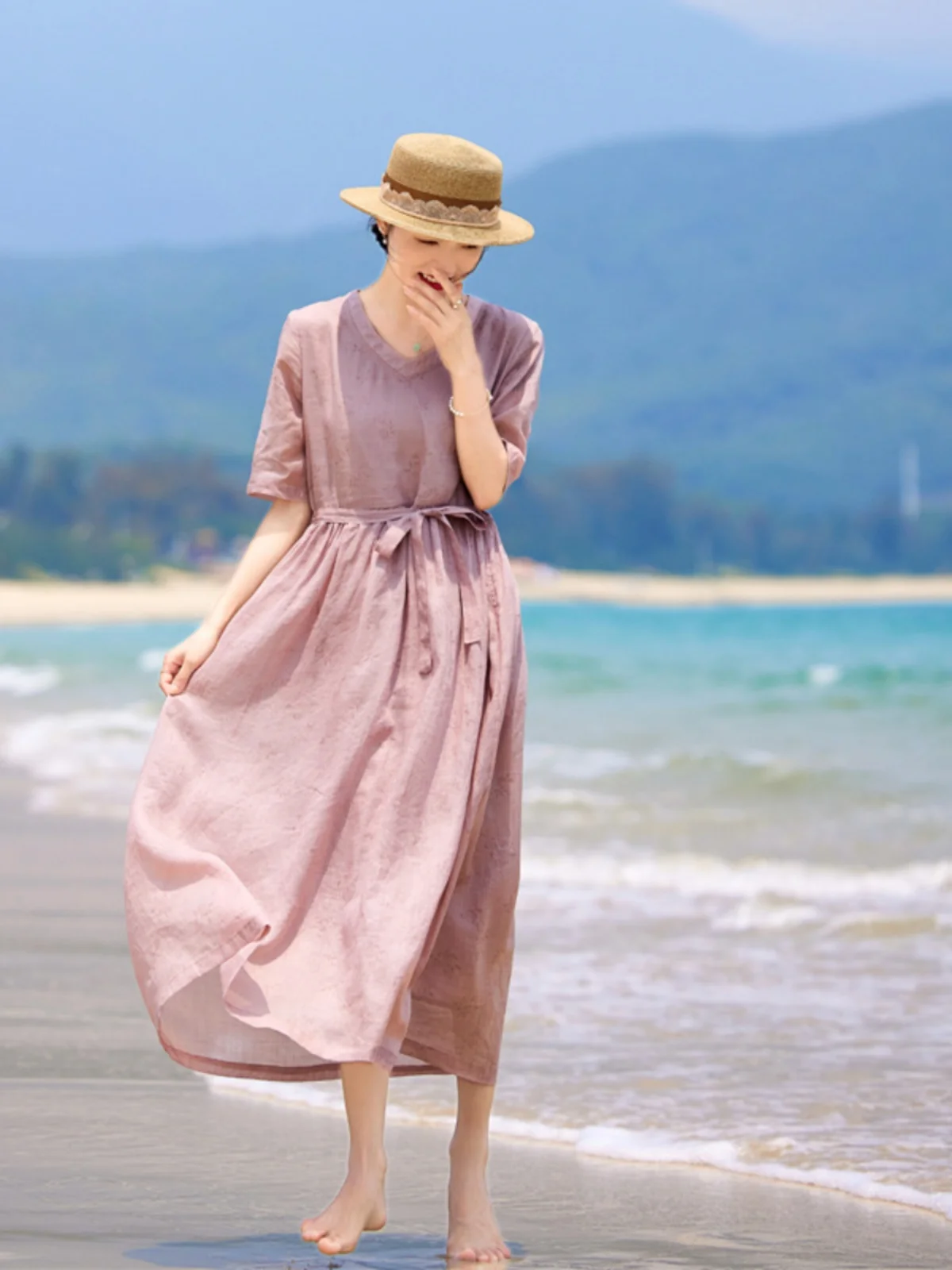

Elegant V-Neck Design Jute Cotton Maxi Dress Women's Retro Artistic Belted Full Skirt Long Dress Commute Spring Summer Autumn