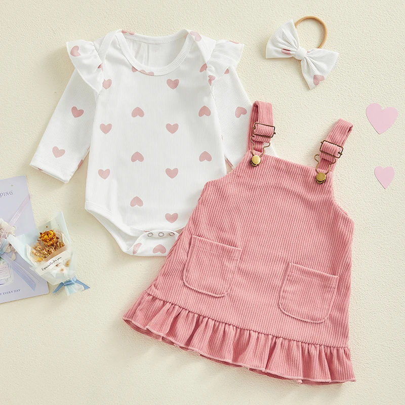 Tregren 0-18M Infant Baby Girls 3Pcs Spring Outfits Heart Print Romper + Suspender Skirt + Headband Set Cute Newborn Clothes