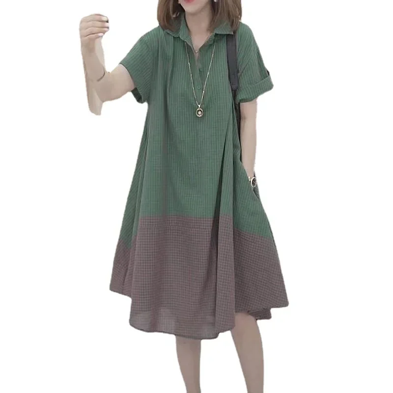 Women's Clothing Contrast Color Patchwork Elegant Shirts Dresses Summer Trendy Short Sleeve Casual Oversized Midi Dress Vestidos