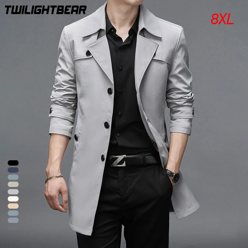 Oversized Classic Men's Trench Coat 8XL Windbreaker Solid Slim Fat Business Casual Long Trenchs Men Clothing Plus Size Overcoat