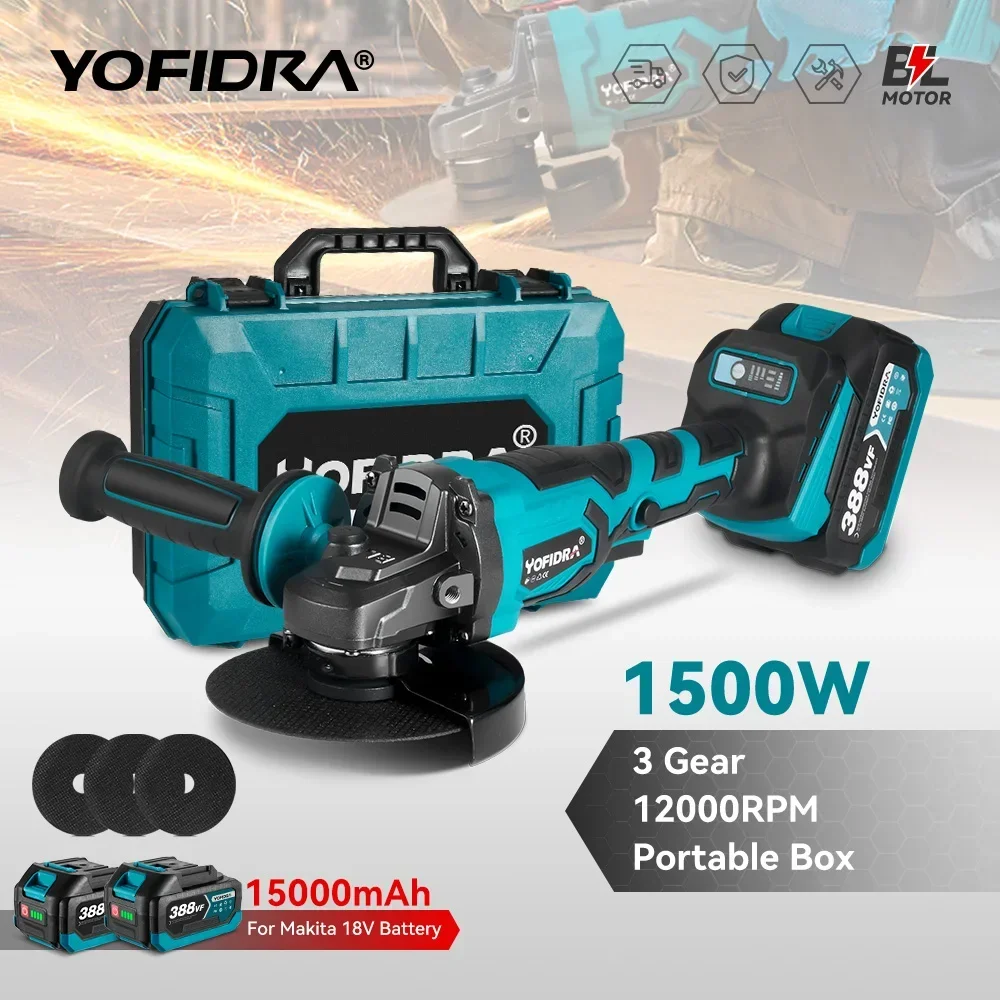 

Yofidra 125mm Brushless Angle Grinder 3Gear Efficient Cordless Metal Wood Grinding Polishing Cutting Tool For Makita 18V Battery