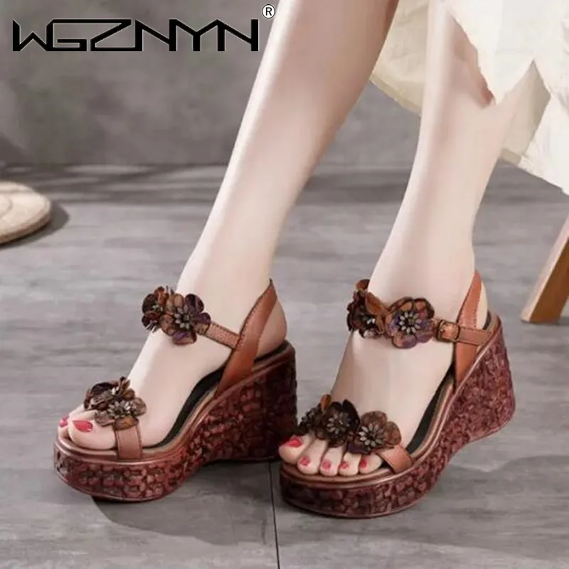 Genuine Pu Leather Retro High Heels Sandals Women Shoes Buckle Strap 2022 New Summer Ethnic Flowers Wedges Lady Platform Sandals