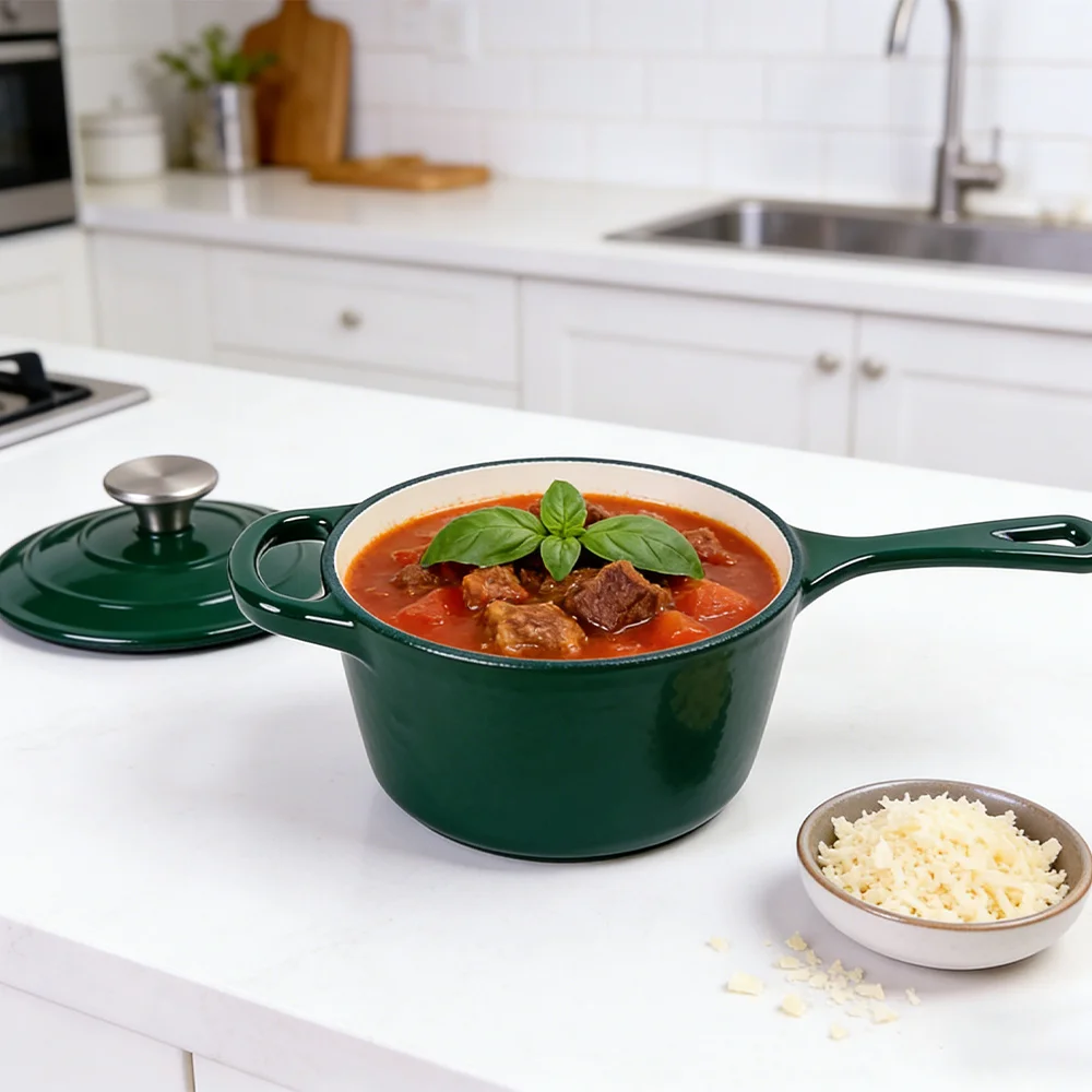 Olla de hierro fundido esmaltado de 1.75QT, cacerola esmaltada con tapa, pequeña olla holandesa para cocinar, antiadherente y de alta resistencia para cocinar pasta, salsa, guisos, pudines, marinadas, hervir - Verde