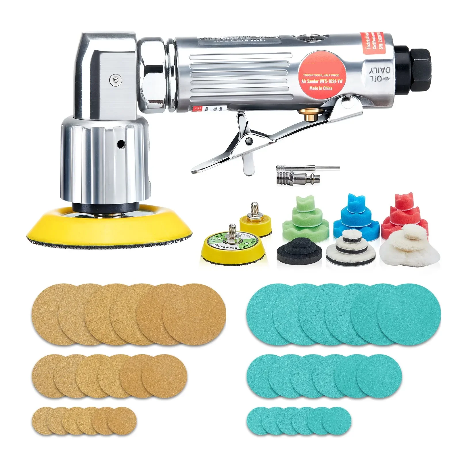 1/2/3 Inch Random Orbital Air Sander, High-Speed 15000RPM Mini Pneumatic Sander for Auto Body Work,Air Sander Kit Polisher