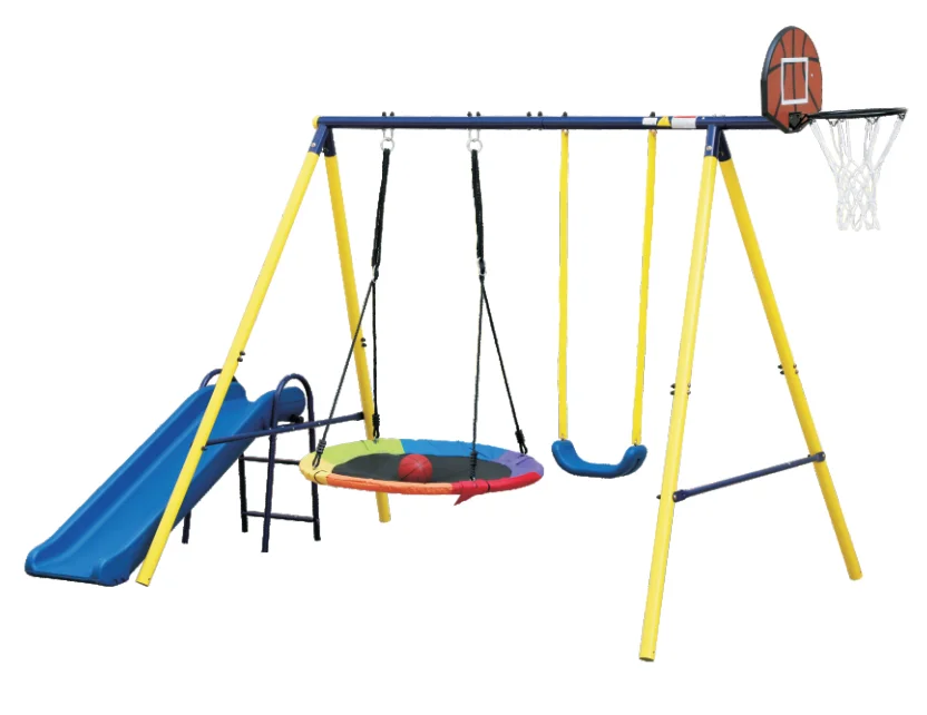 wr-Backyard Playground Inch Multi-color Rainbow Tree Swing Set with Slide & Basketball Hoop Metal Swing Stand for Outdoor Use*