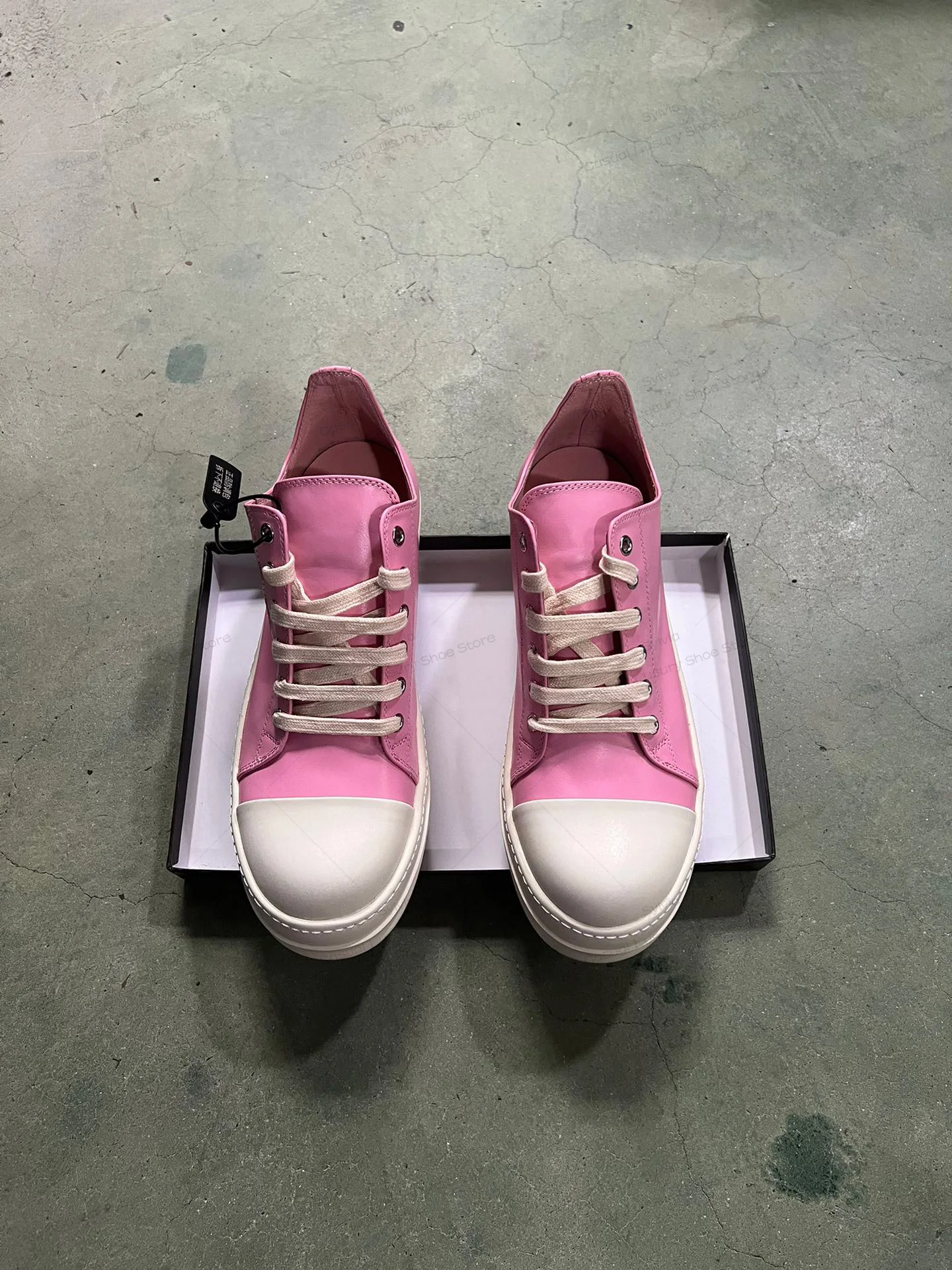 Ricks Luxury Casual Pink Leather Shoes Men Ricks Casual Shoes Women Owens Flat Sneakers Lace-Up Low Top Owens Women Flat Sneaker