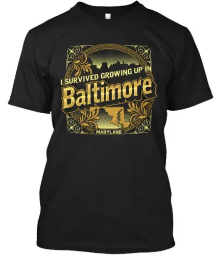 Baltimore Sv Design I Survived Growing Up T-Shirt Made in the USA Size S to 5XL