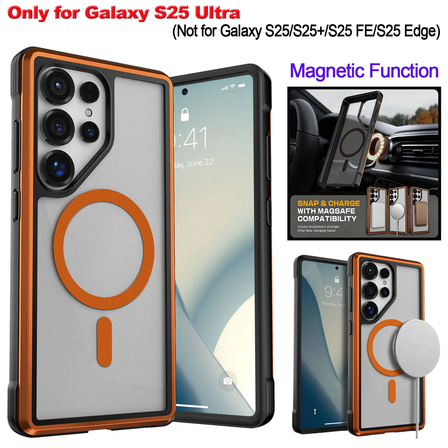 

Оранжевый магнитный чехол для Samsung Galaxy S25 Ultra (6.9 дюймов), тонкий, ударопрочный, с прозрачной задней панелью