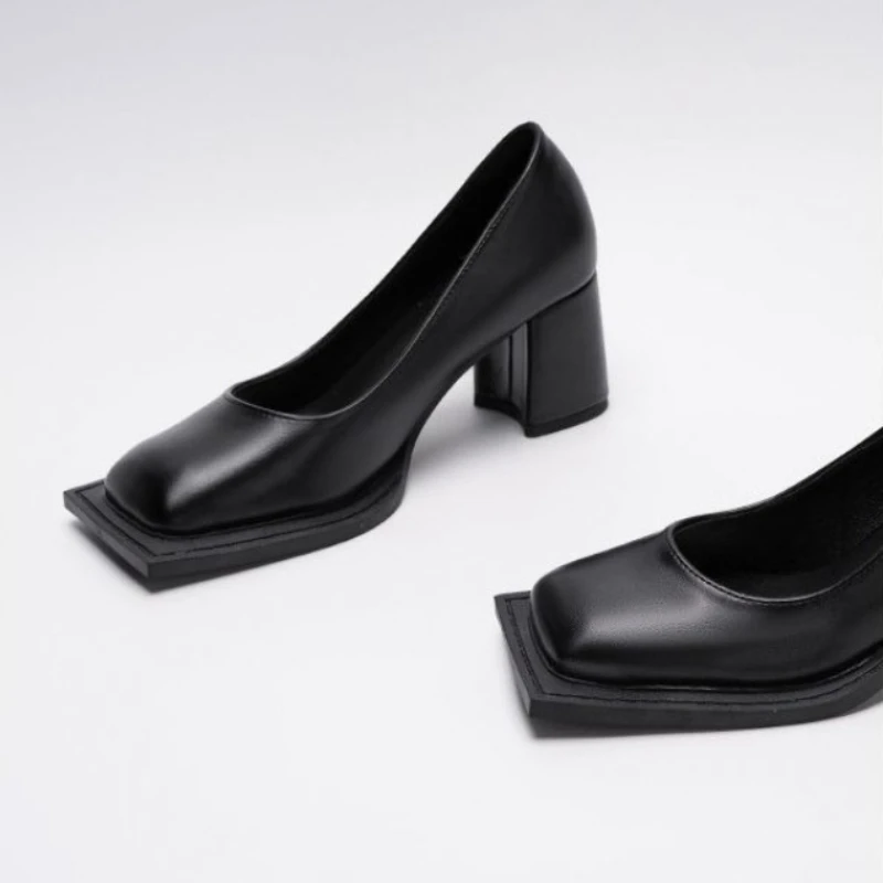 Retro Black Thick Heel Pumps Women Fashion Square Toe Shallow Designer Shoes Elegant Cozy Commuter Office Shoes Zapatos De Mujer view 3