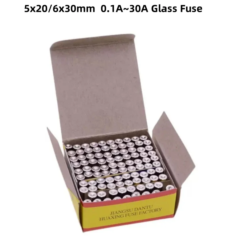 

100pcs/Pack 5x20/6x30mm 250V0.1A1A2A3A4A5A10A15A~30A F/T Glass Fuse Home Appliance Power Supply Car Cigarette Lighter