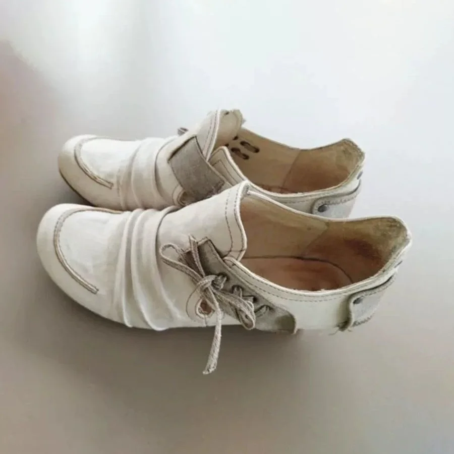Vintage Distressed Leather Lace Up Thick Heel Oxford Shoes Women Round Toe Ruched Patchwork Mid Heel Pumps Retro Casual Shoes