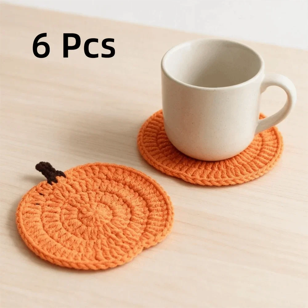 6 Piece Cartoon Halloween Crochet Pumpkin Coaster Hand-woven Heat-resistant Drink Cup Mat Non-slip Coffee Mug Mat