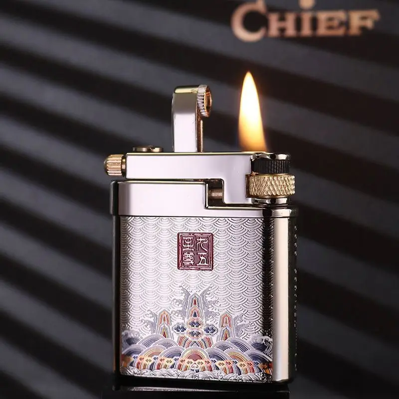 CHIEF Retro Fuel Lighter - Semi-Automatic Kirin Engraved Metal, Luxury Gift for Men on Birthday or Valentine's Day - view 4