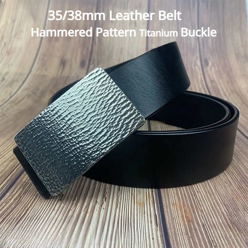 Pure Titanium Square Plate Buckle Belt Smooth Buckle Allergy-Free Men's 35/38mm Leather Belt Casual Cowhide Genuine Leather