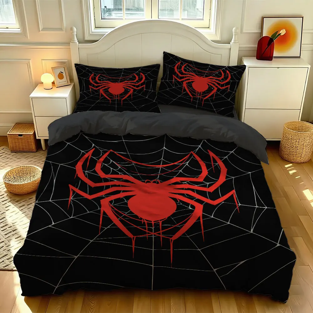 3pcs Spider Web Superhero Symbol Print Duvet Cover Set Red Black Soft Microfiber Bedding Set with Pillowcases Bedroom Decor