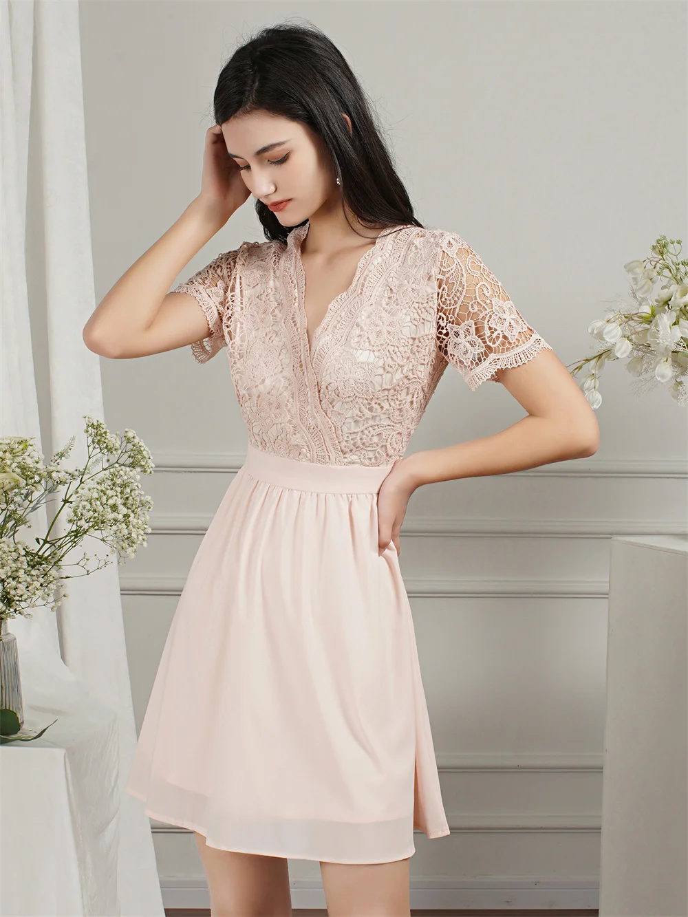 Summer Short Lace Bridesmaid Dress For Women Wedding Party V Neck Sexy Chiffon A line Maid Of Honor Dresses With Sleeves Mini