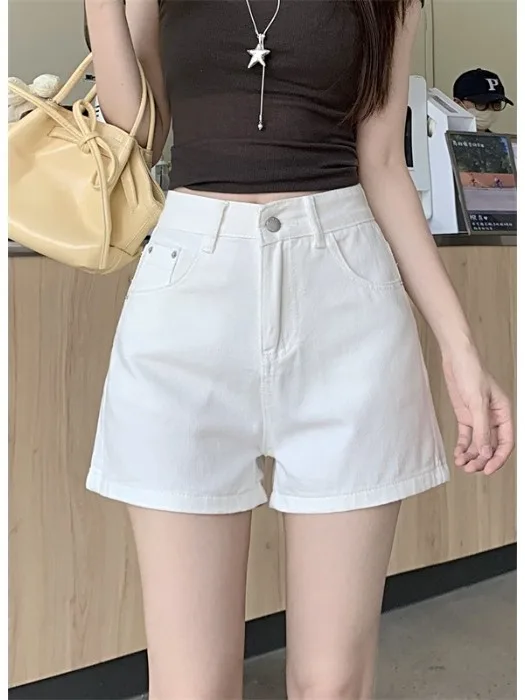 

White High Waist Slimming Denim Shorts Women's Spring Summer Thin Loose A-Line Wide Leg Hot Pants Commute Style Pure Color