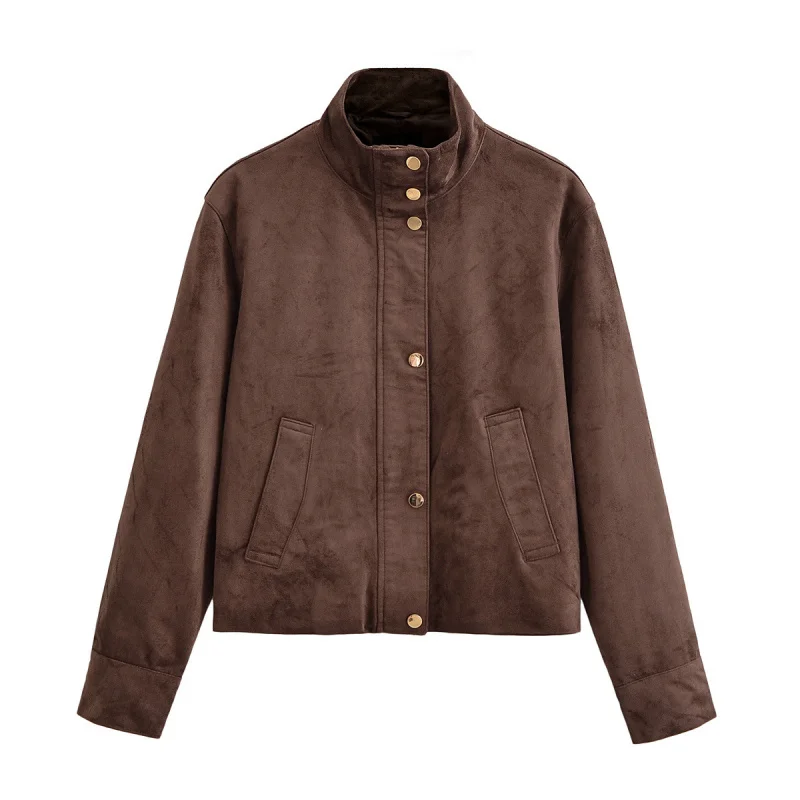 

Autumn Winter New European and American Women's Clothing Stand Collar Single-Breasted Suede Coat