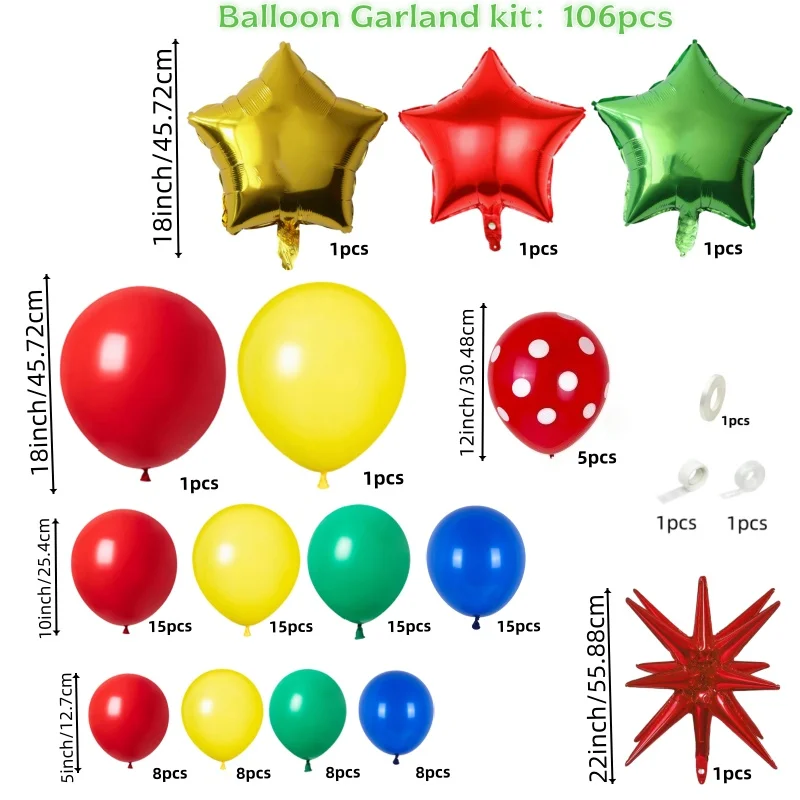 106-teiliges Ballondekorations-Set, einschließlich roter Exploding-Star-Ballons, roter, blauer, gelber und grüner Latexballon-Bogen-Girlande, 3 Stern-Folienballons, Geburtstagsbanner, erhältlich in verschiedenen Größen, geeignet für Geburtstagsfeiern, Superhelden-Themenpartys, Cartoon-/Videospiel-/Helden-Themenveranstaltungen, Weihnachten und andere Anlässe – Detail 2