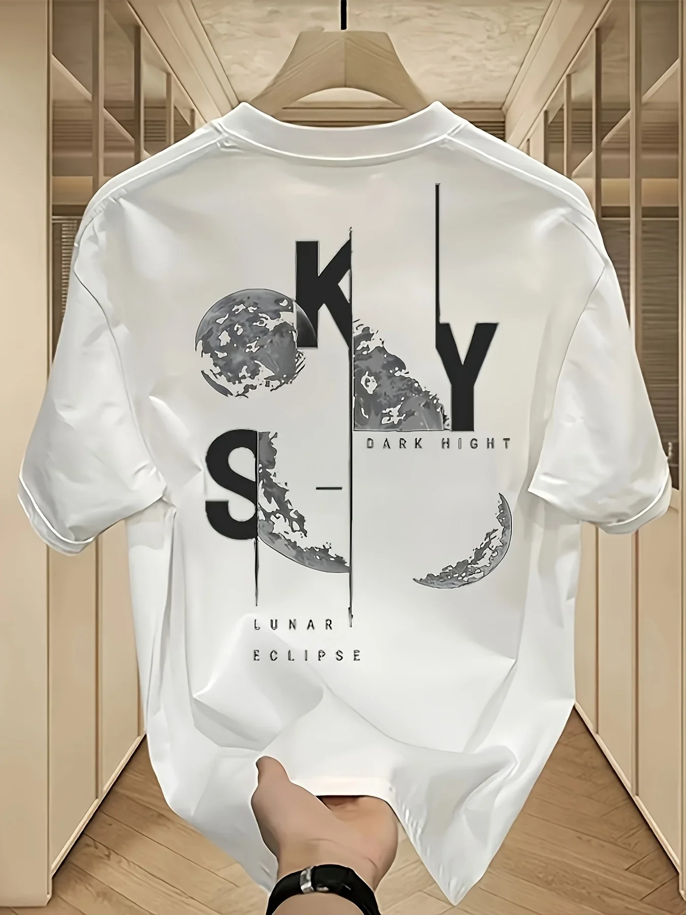 Camiseta de algodón puro para hombre SKY Lunar Eclipse, camiseta holgada de manga corta con estampado espacial minimalista para verano