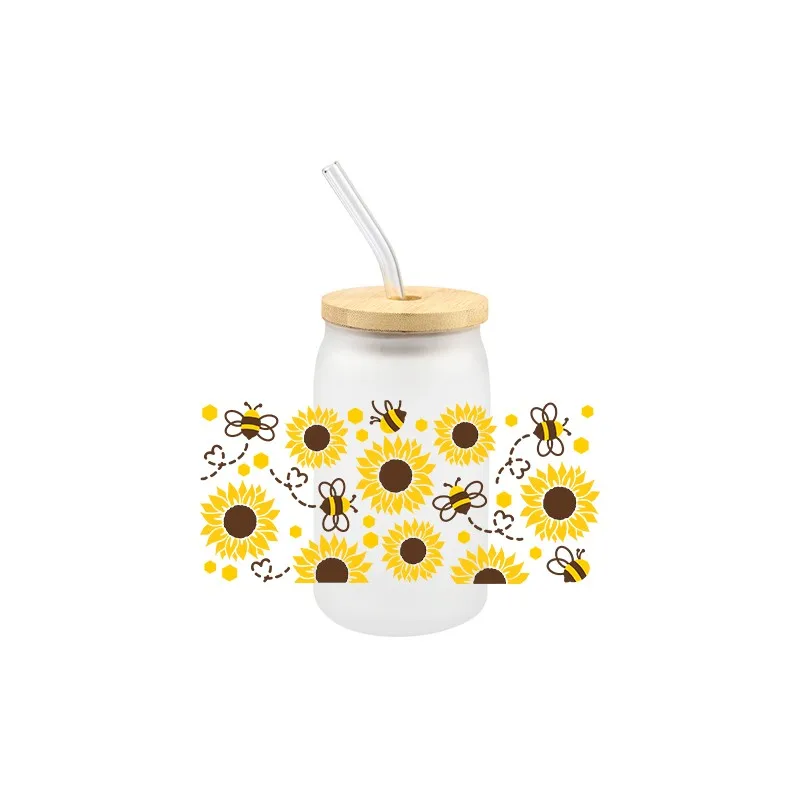 Bees Theme UV DTF Transfer Sticker Cartoon Cute Unique Decals For Wraps Cup Libbey Glass Cup Custom Design Sticker 3D