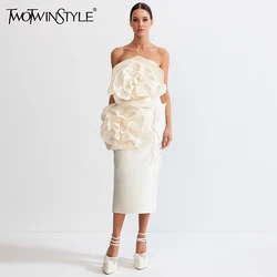 TWOTWINSTYLE Solid Spliced Appliques Elegant Dresses For Women Slash Neck Sleeveless High Waist Temperament Dress Female Clothes
