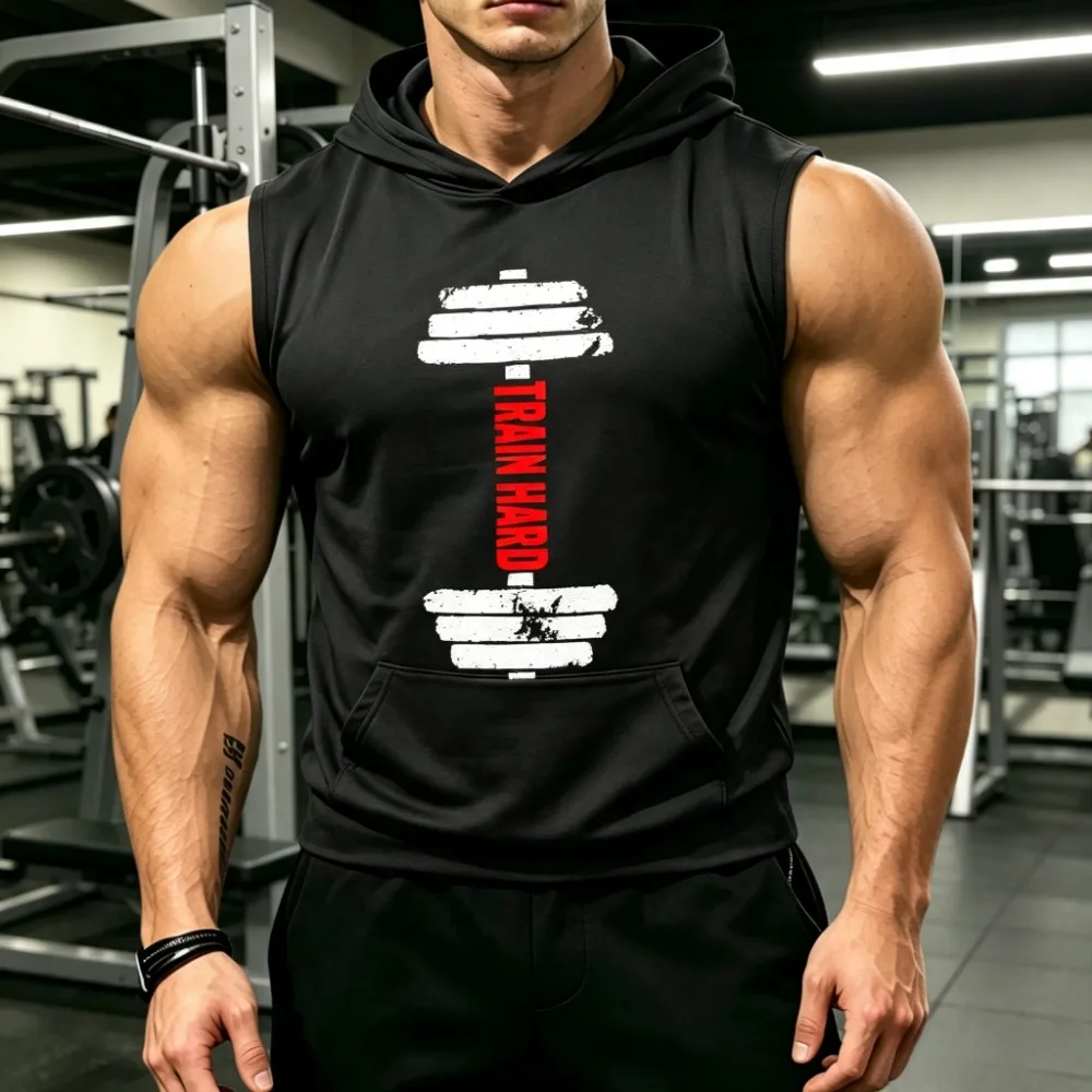 Men Train Hard Dumbbell Print Sleeveless Hoodie Vest Gym Bodybuilding Tank Breathable Sport Workout Tank With Kangaroo Pocket