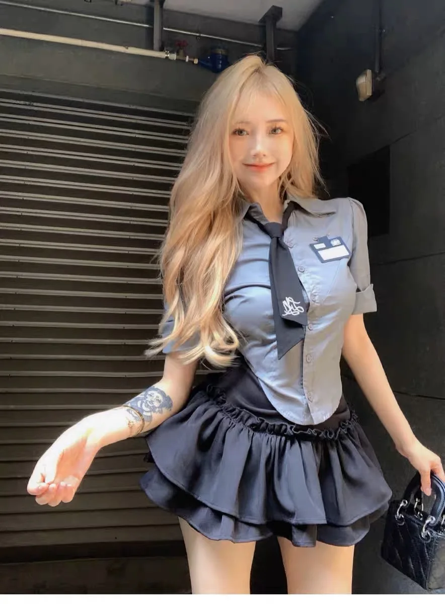 Preppy Style JK Uniform Set Tie Short Sleeved For Women Summer Sexy Spicy Girl Bustier/Corset Shirt Bubble Sleeve Tiered Skirt