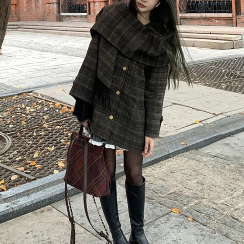 Vintage Y2k Plaid Tweed Blazer Coats Autumn Winter Warm Loose Scarf Jacket One-piece Clothes Elegant Ladies Single-breasted Coat