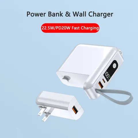 30000mAh Power Bank with Built-in Cable & AC Plug, 22.5W Fast Charging for Mobile Phones and Electronics