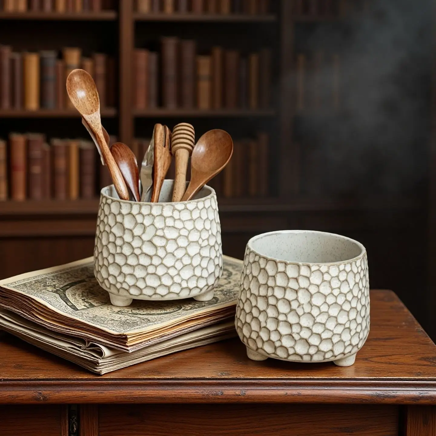 1Pc Hammered Pinecone Relief Ceramic Pot with Three Legs, Kitchen Chopstick Caddy, Creative Desk Pen Holder & Home Decor
