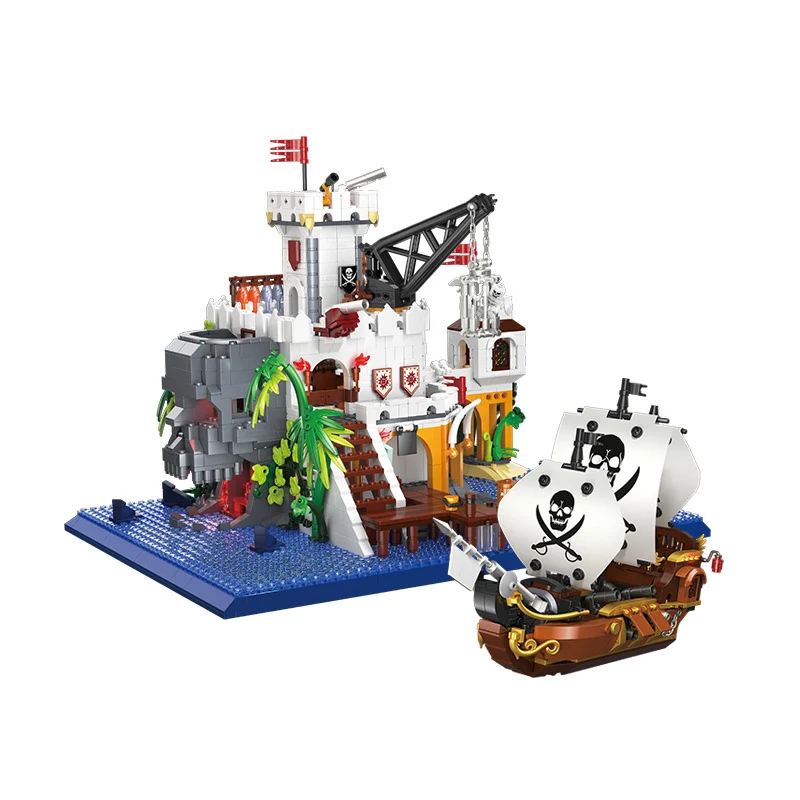 Kreative Architektur Street View Mini Block Schädel Insel Piratenschiff Bay Port Architektur Bauen Ziegel Figuren Spielzeug Sammlung