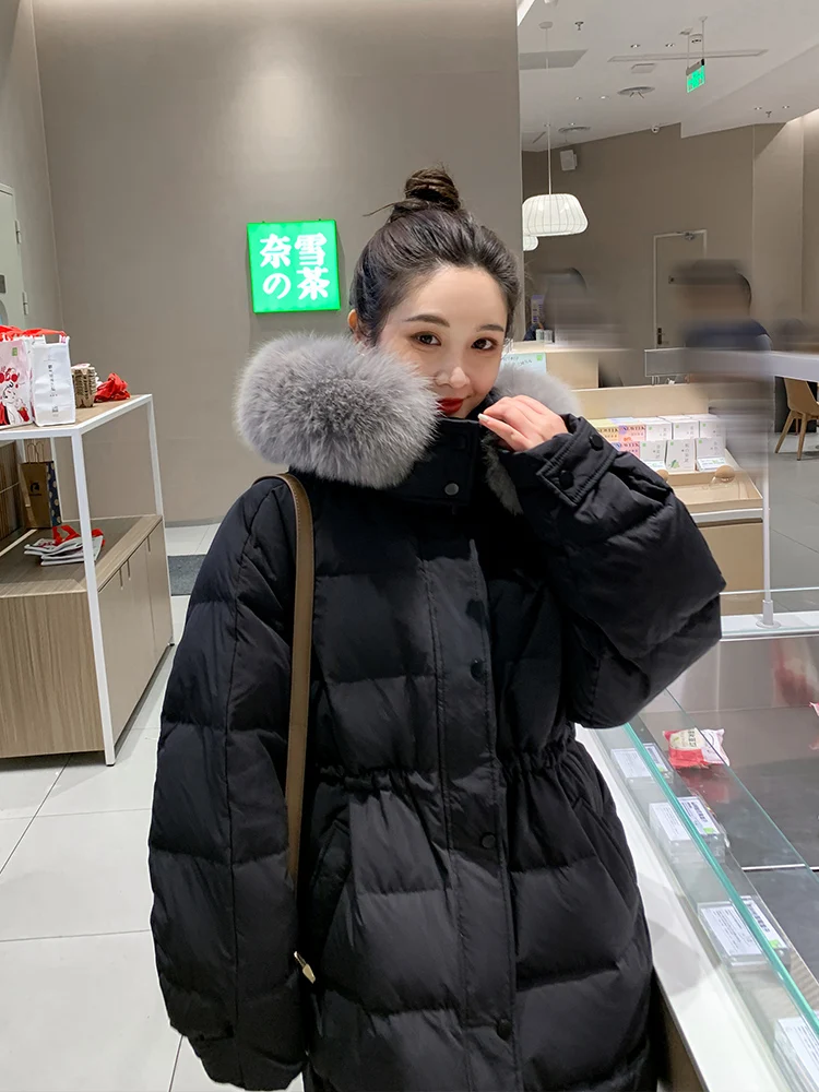 

Women's Hooded down Jacket Winter New Fashion Mid-Length Thickened Fur Collar Coat Korean Style Commute Pure Color Zipper