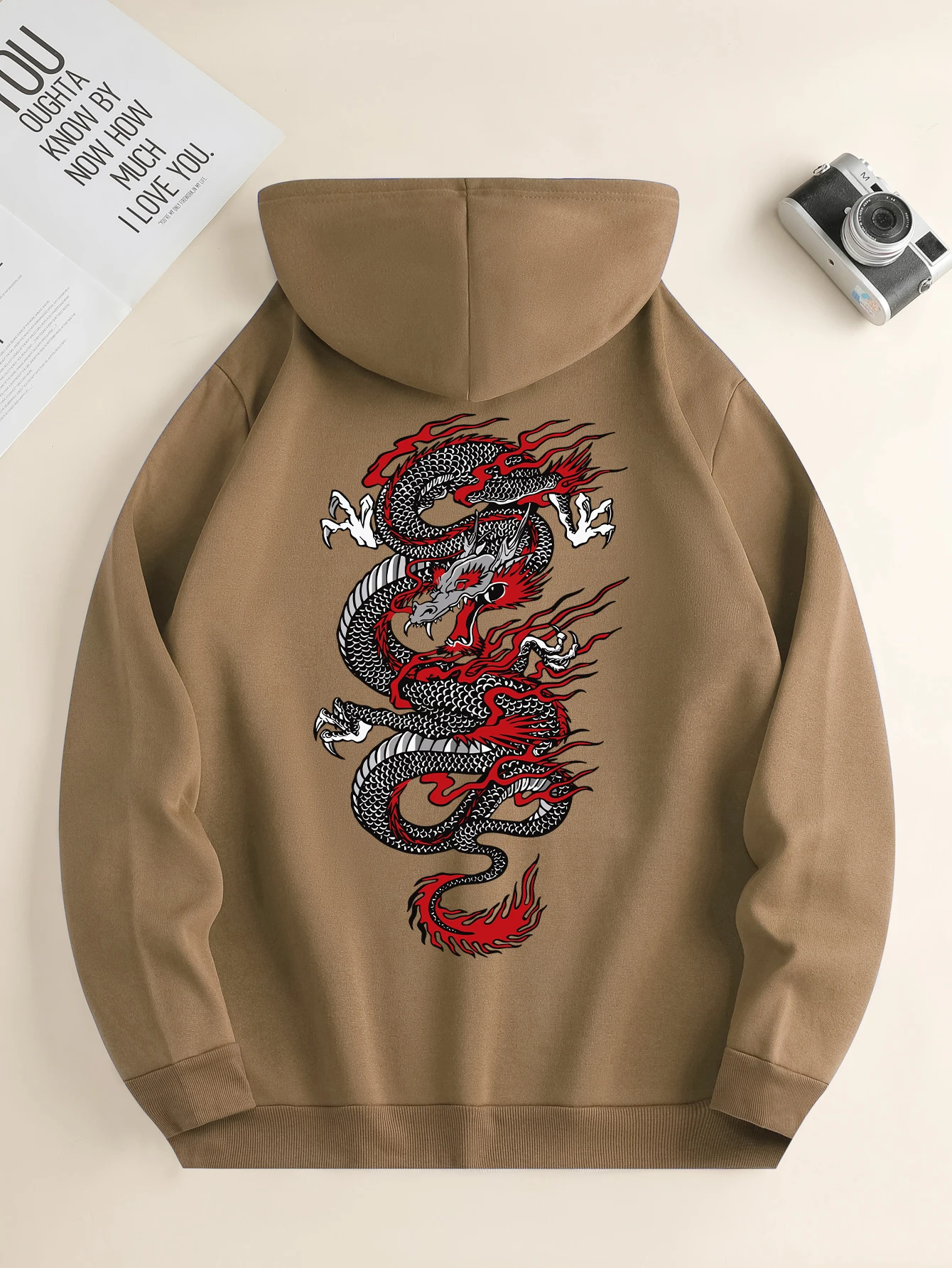 Men\'s new fashion hoodie, casual daily drawstring hooded sweatshirt dragon print, front kangaroo pocket, men\'s jacket