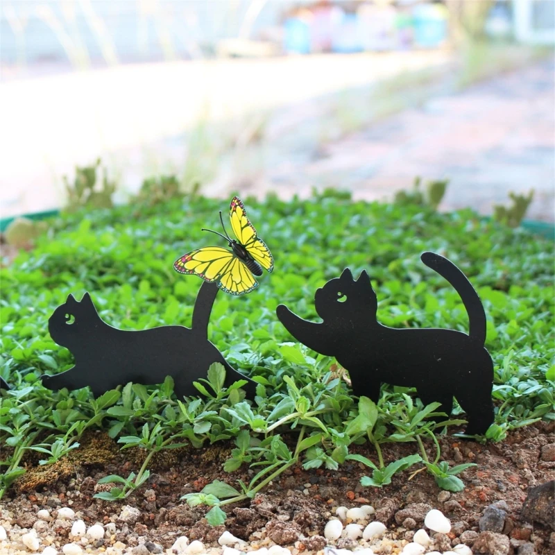 3pcs Black Cats Silhouettes Metal Garden Stakes Iron Art Outdoor Lawn Decorations Kxre