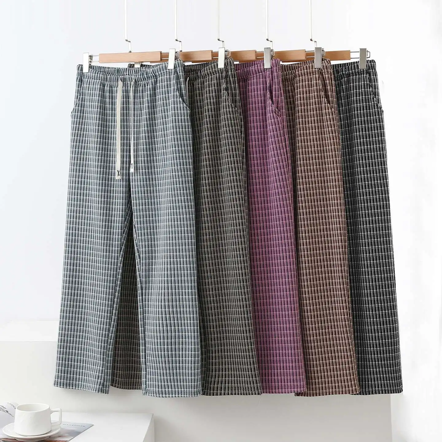 Winter New Double-Sided Fleece Plaid Pants Women's Loose Casual Wide Leg Straight Cut Home Pants Long Trousers