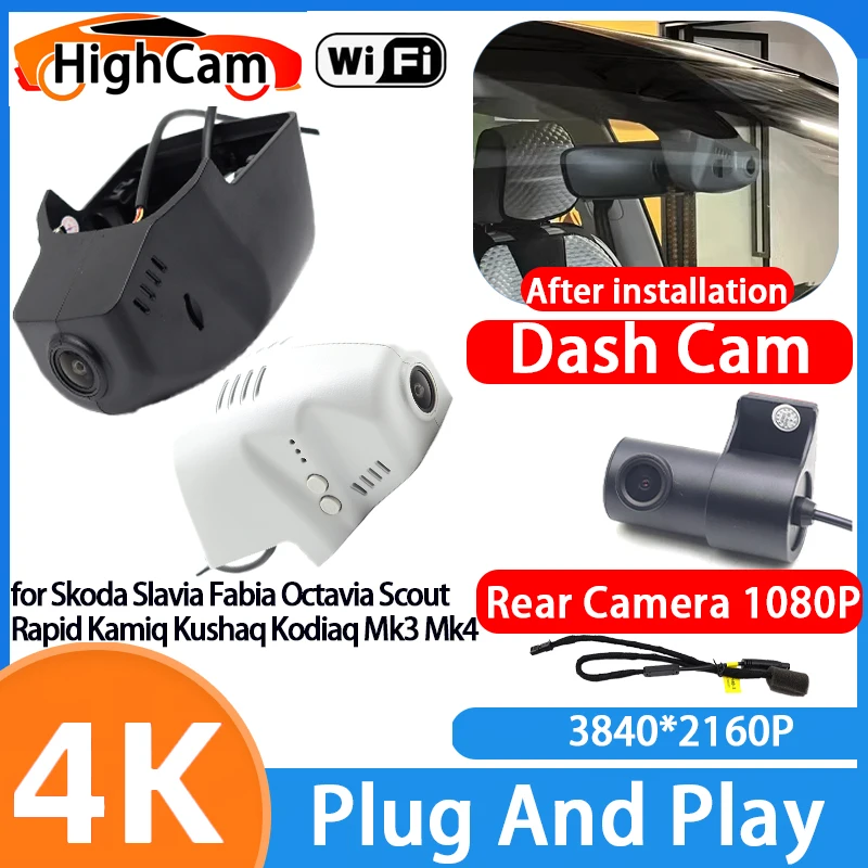 for Skoda Slavia Fabia Octavia Scout Rapid Kamiq Kushaq Kodiaq Mk3 Mk4 4K Wifi Car DVR Video Recorder Dash Cam Front Rear Camera
