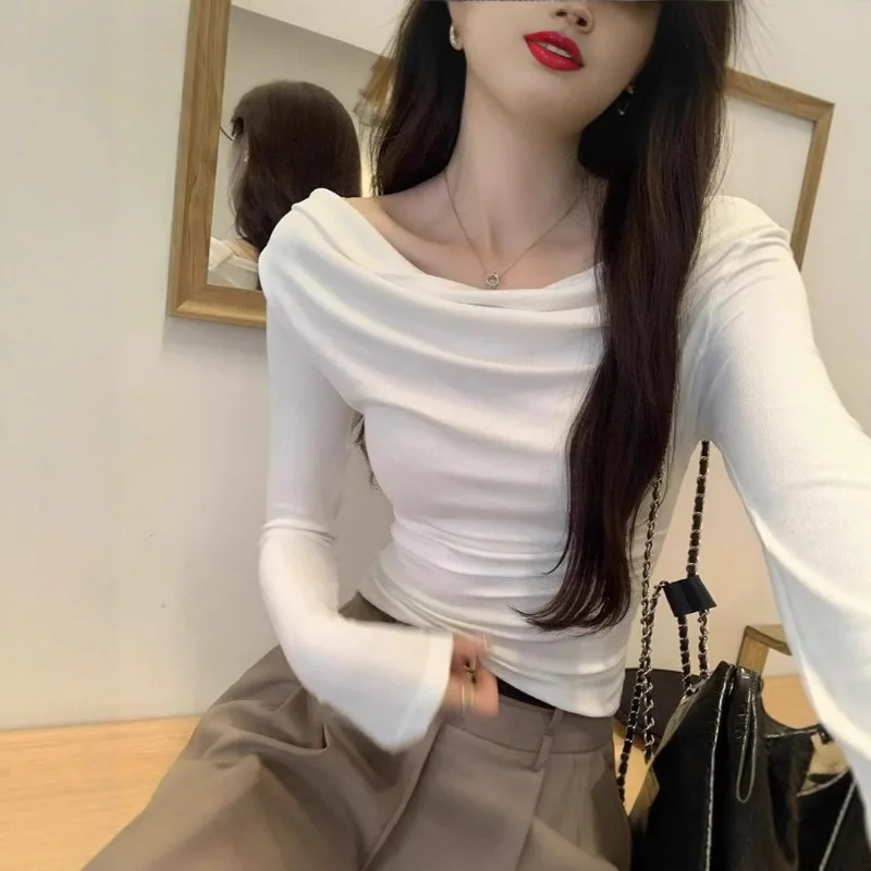 Women Off Shoulder Draped Neck Long Sleeve T Shirt Slim Fit Elegant Casual Tops For Early Autumn Korean Style