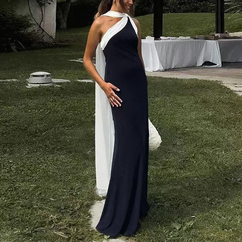 Elegancka damska sukienka na jedno ramię z wstążką, seksowna, łączona, bez rękawów, maxi w kształcie litery A, nowa letnia moda, sukienka boho z odkrytymi plecami.