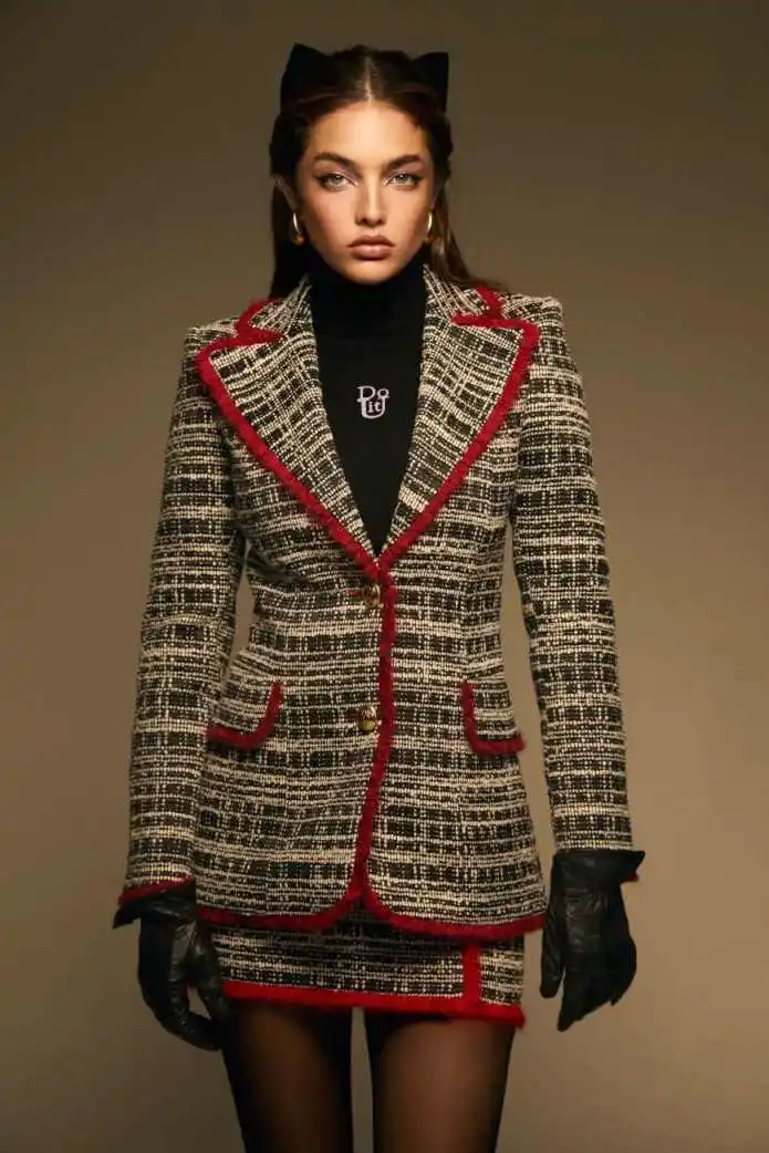 Elegant Tweed Women 2‑Piece Suit Notched Lapel Red Fringe Trim Blazer Mini Skirt Set Office Business Formal Outfit Customized
