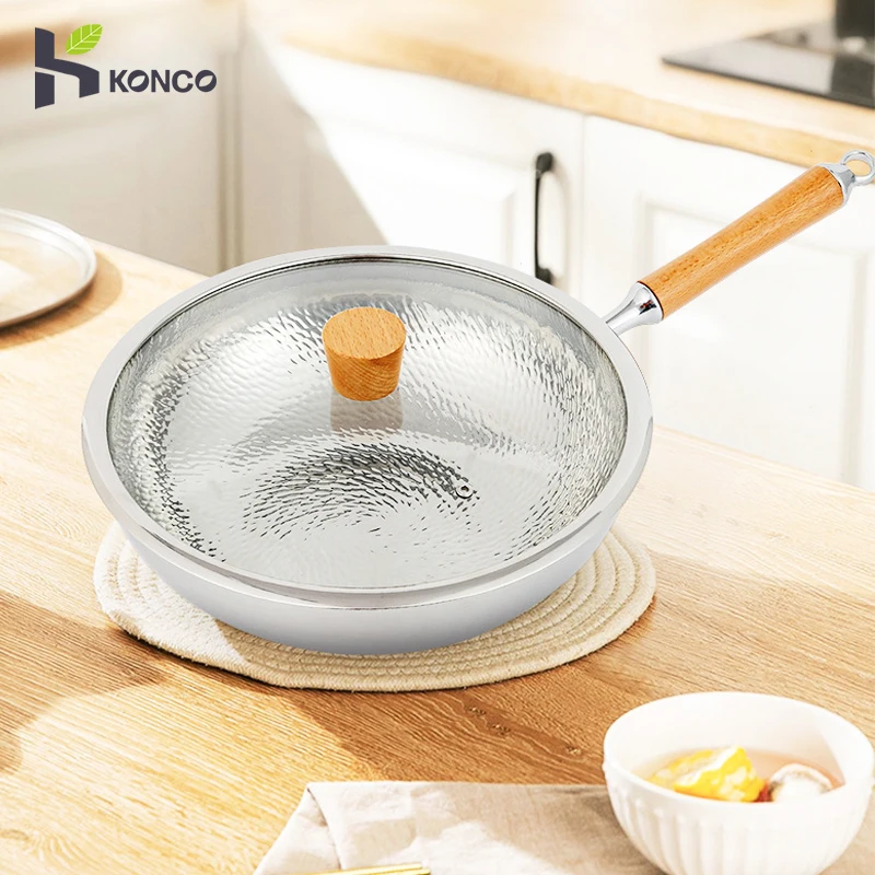 

304 Stainless Steel Wok 32cm Non-stick Frying Pan with Wooden Hammered Pot Handle Gas and induction Cooking Pot with Glass Lid