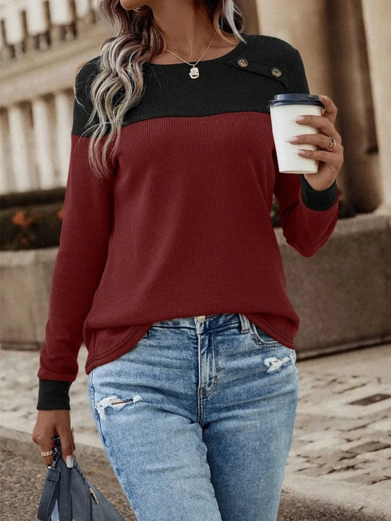 Temperament Commuter Top 2023 Autumn/Winter New Stock Color Matching Round Neck Casual Long Sleeve Round Neck T-shirt