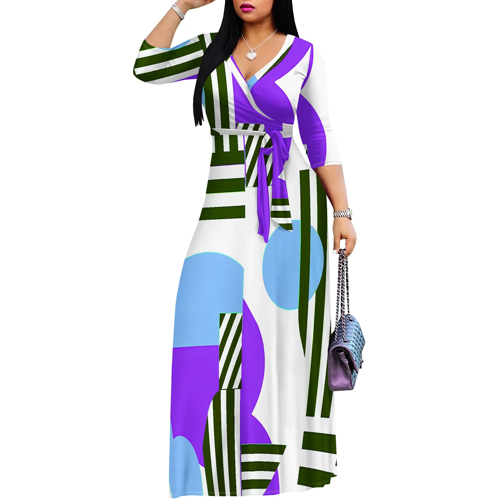 Abito lungo Boho ampio da donna a maniche corte sexy con scollo a V, abito lungo da vacanza casual con orlo diviso stampato alla moda