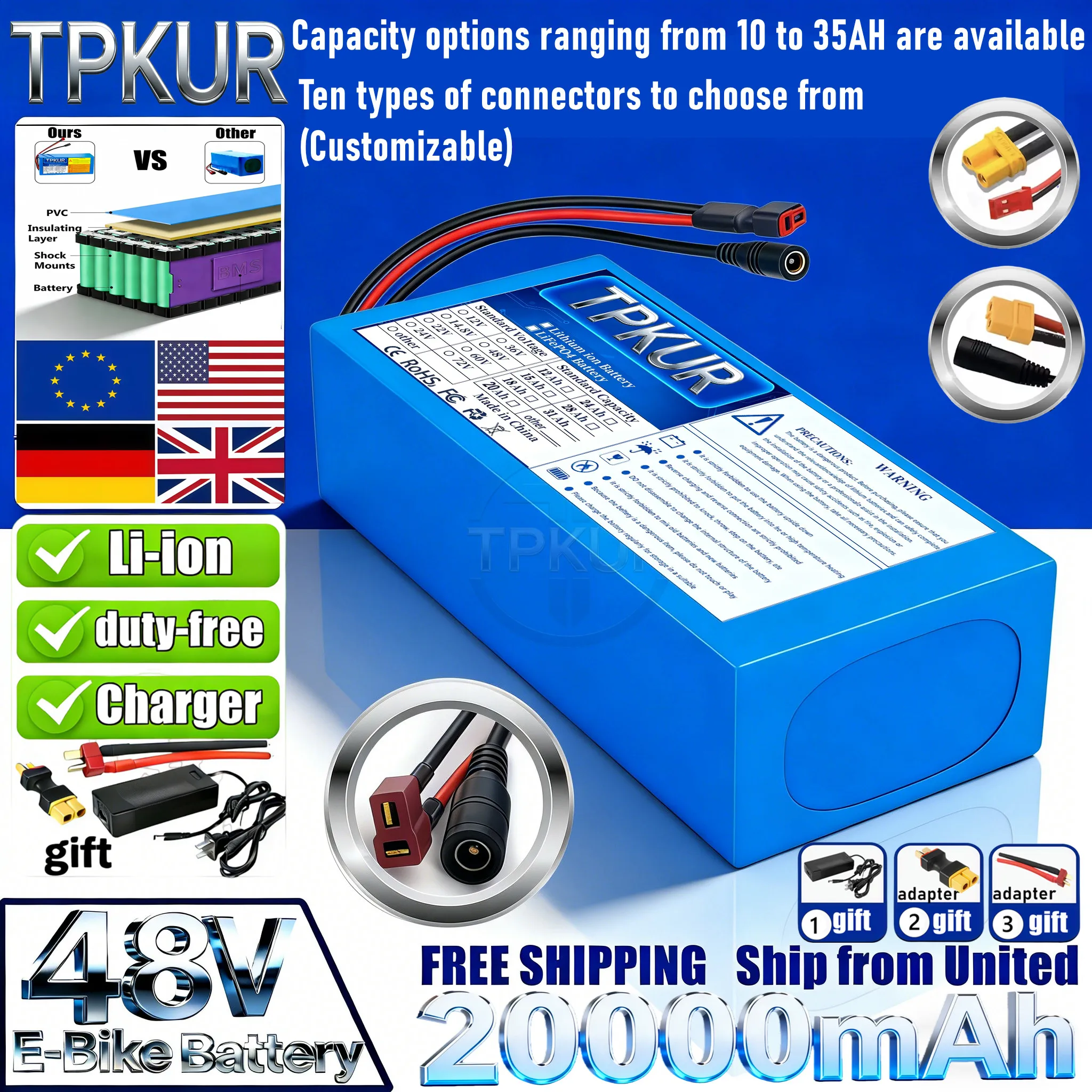 

Built-in BMS protection, 48V lithium battery, with multiple capacities ranging from 10 to 35Ah, suitable for full-power equipmen