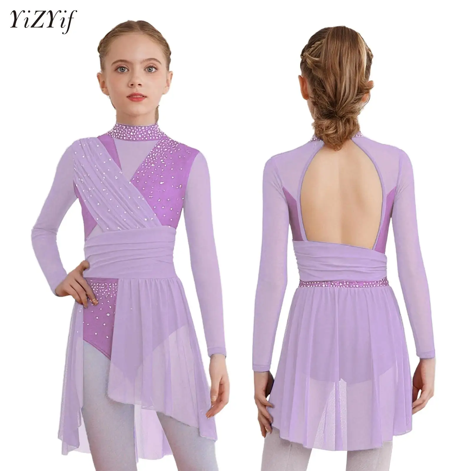 

Kids Girls Lyrical Modern Dance Dress Long Sleeve Cutout Ballet Dance Jersey Gymnastics Skirted Leotard Figure Skating Dancewear
