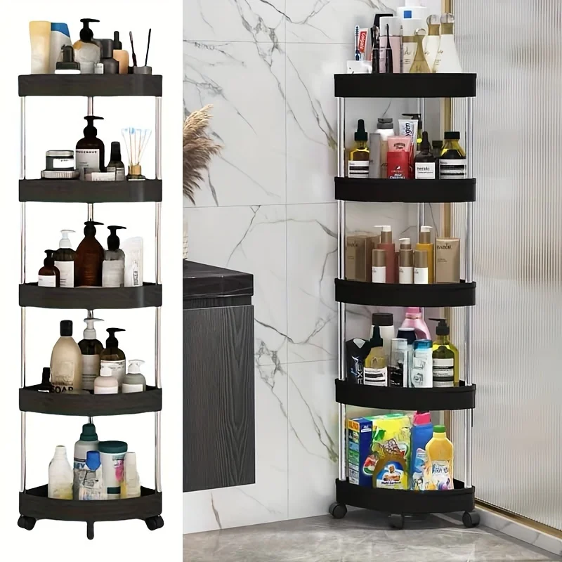 

5-Tier Black Corner Storage Rack, Triangle Plastic Shelf Organizer for Bathroom Kitchen Living Room,Space-Saving Vertical Stand