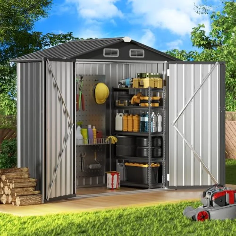 Outdoor metal storage shed for backyard patio and lawn use, galvanized steel construction, gray finish, sloping roof design for